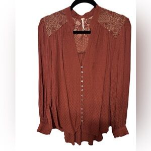 Free People Button Up Blouse W/Metallic Threading On Shoulders And Across Back